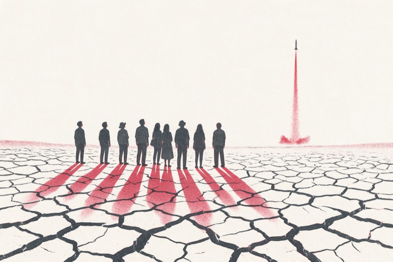 Un groupe de personnes, de dos, debout sur une terre craquelée par la sécheresse, regarde au loin une fusée qui s’élève dans un panache rouge ; leurs ombres rouges s’étirent vers nous.